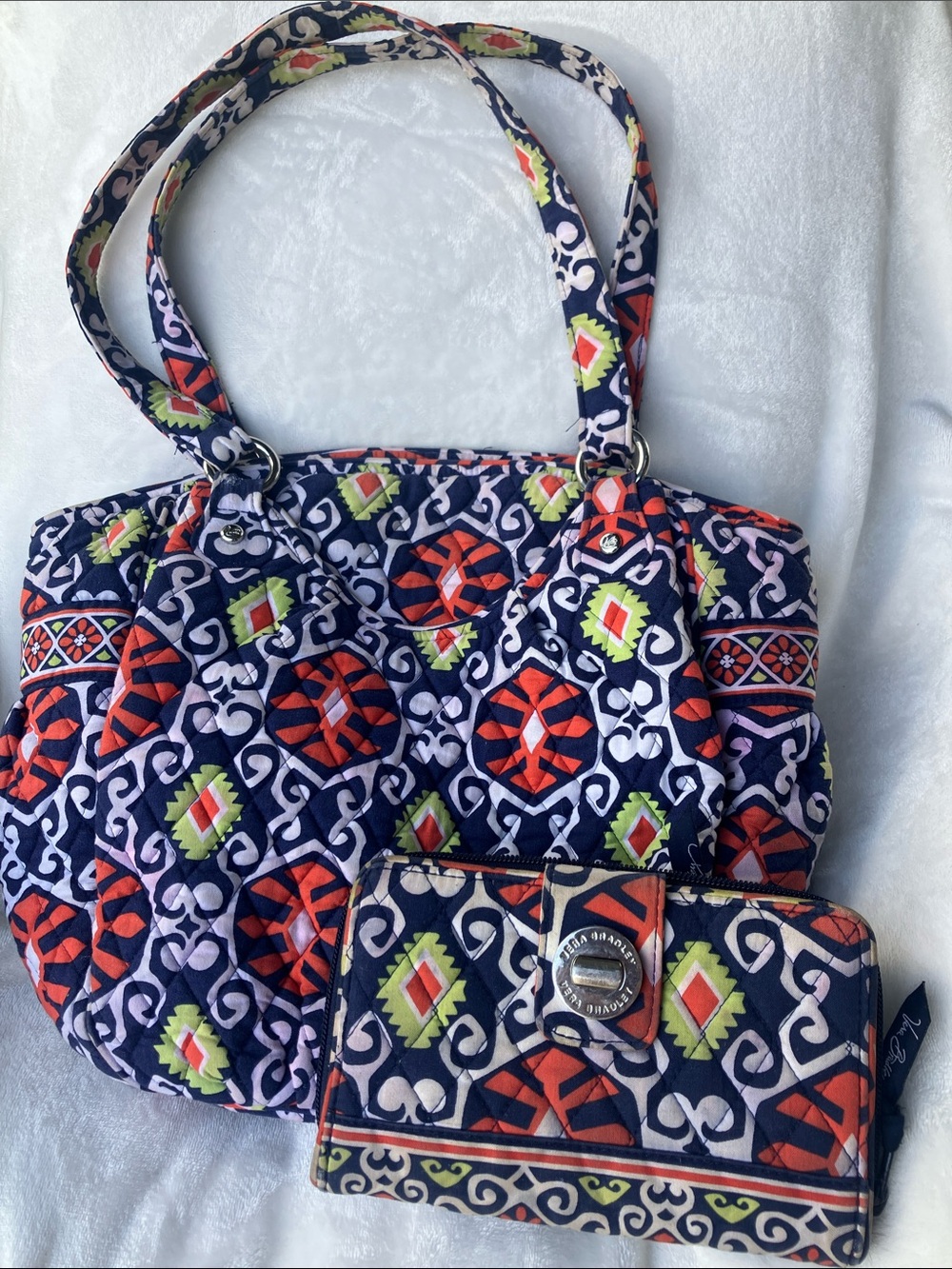 Vera Bradley Navy Multi Quilted Tote with Matching Wallet